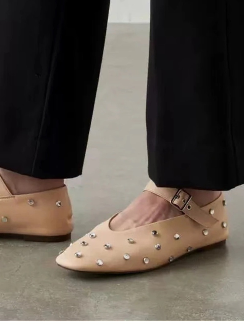 New River Studded Nude Leather Mary Jane Flats with Ankle Strap